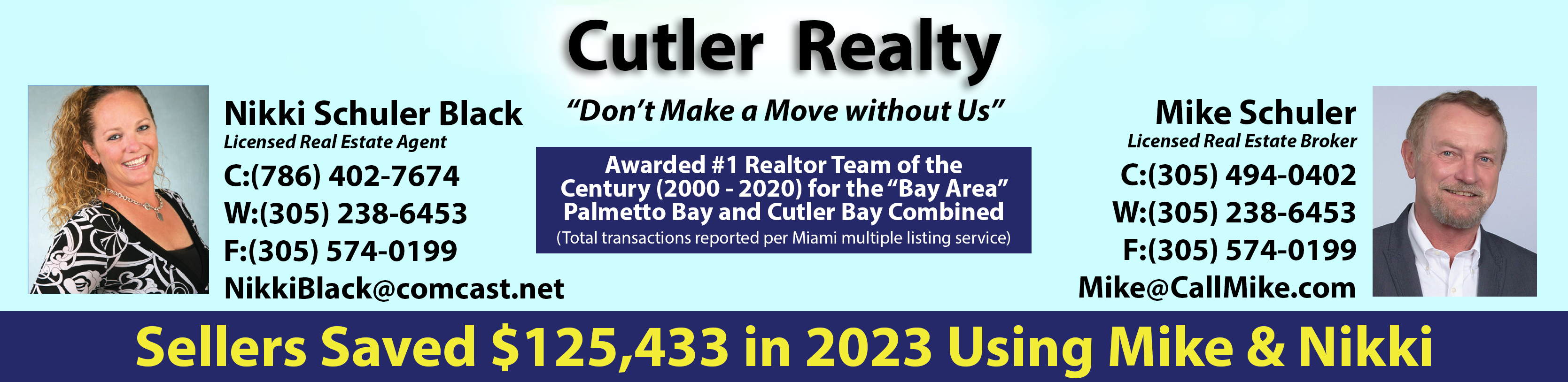 Banner showcasing local realtors and contact information for Cutler Bay and Palmetto Bay real estate agents.